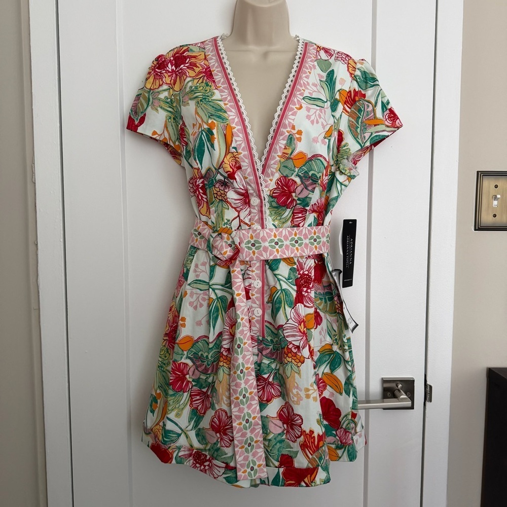 NWT - Adrianna by Adrianna Papell - Floral-Print Belted Romper - Picture 3 of 11